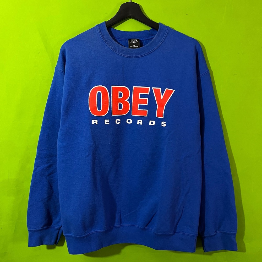 Obey Records Sweatshirt Mens Medium Blue Graphic Crewneck Pullover Streetwear